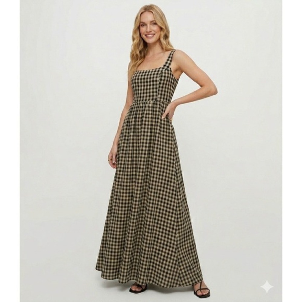 Princess Polly Gingham Cartmel Maxi Dress Black Tan Smocked Back Square Neck  4